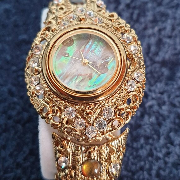 Vintage Jeweled Abalone Rhinestone & Tiger Eye Gold-Plated Japan Quartz Watch - Picture 15 of 16